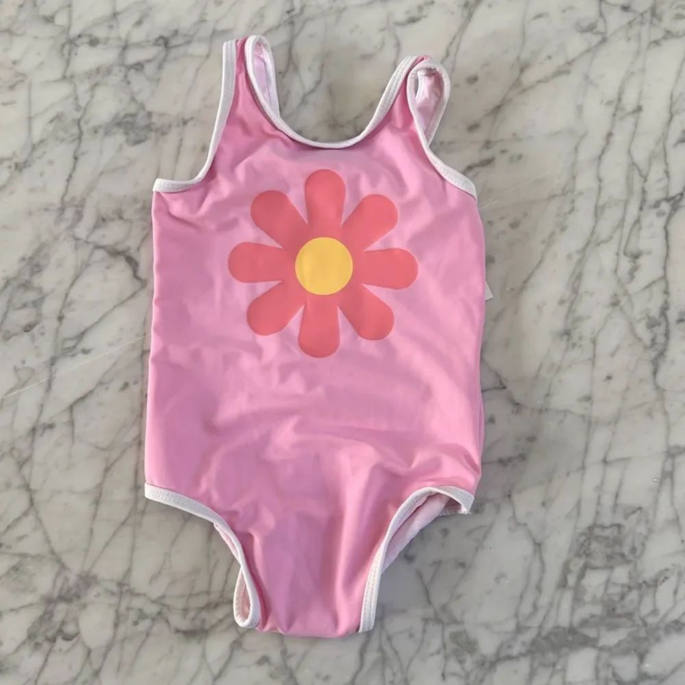 NWT Pink Flower 70’s Style Toddler girls swim size 12-18 Mo